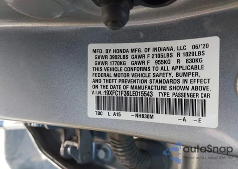 2020 Honda Civic Ex из США, поврежденный, VIN 19XFC1F36LE015543